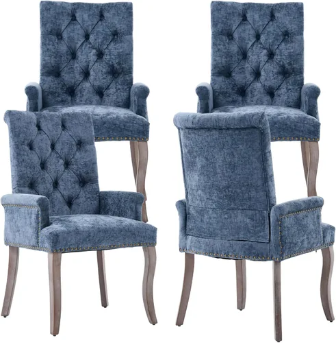 Vista 26 de Sillas de Comedor Tapizadas Acolchadas de Chenilla con Brazos y Ribete de Tachuelas – Marco y Patas de Madera Maciza, Estilo Granja Moderna