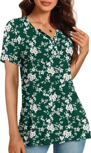 Vista 2 de CATHY Camisas elegantes de manga corta para mujer, estilo casual, con botones, cuello en V, holgadas