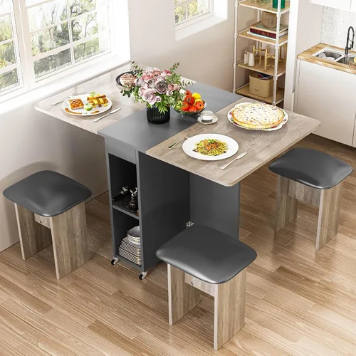 Vista 9 de furlinkhm Juego de mesa de comedor plegable para 4, mesa de comedor con 4 sillas y estantes de cuero, mesa de comedor plegable que ahorra espacio