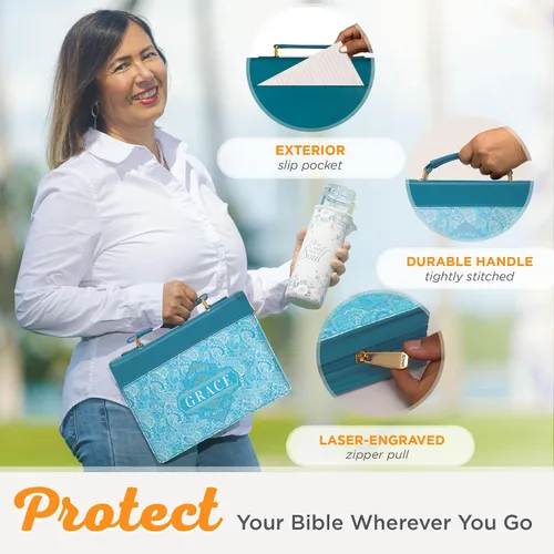 Vista 5 de Christian Art Gifts Funda de cuero vegano verde azulado para la Biblia para mujer: God's Grace Be with You - Funda de transporte inspiradora