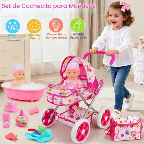 Vista 2 de Qirptey Juego de cochecito de muñeca de bebé, juguetes para niñas y niños