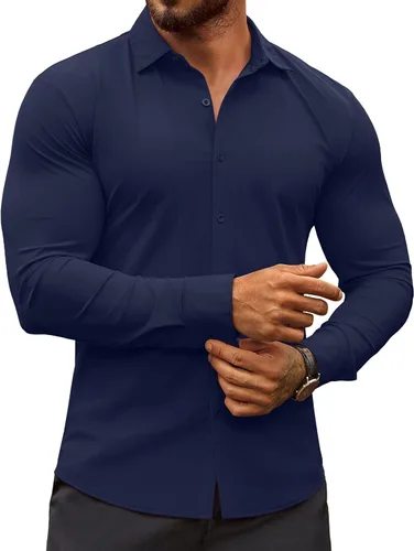 Vista 14 de COOFANDY Camisas de vestir ajustadas para hombre, sin arrugas, manga larga, casuales, con botones