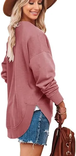 Vista 2 de Heltapy Womens Crewneck Sweatshirt Simple Long Sleeve Casual Pullover Side Split Tops