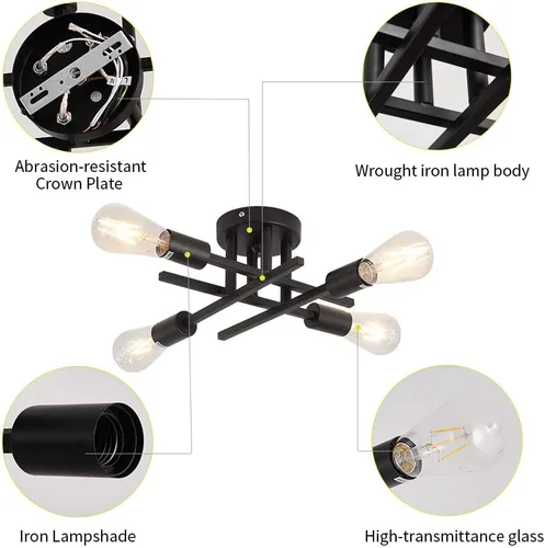 Vista 9 de ZGLAOJT Lámpara de techo semiempotrada de 4 luces, color negro mate con base E26, candelabro moderno para casa de campo, cocina, comedor