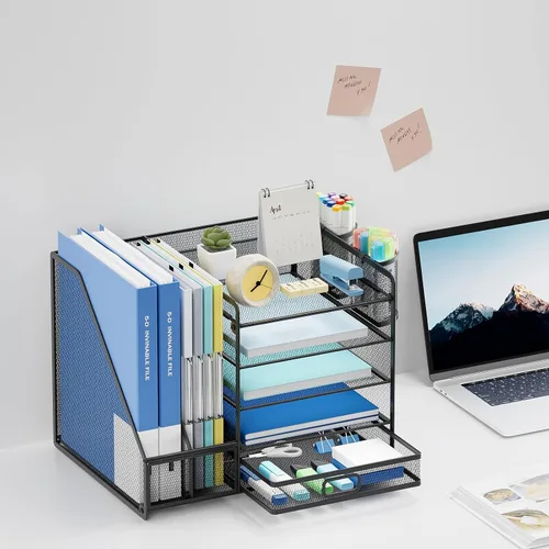 Vista 7 de Lavatino Organizador de escritorio con soporte para archivos, organizador de bandeja de papel de 5 niveles con cajón deslizante y 2 soportes
