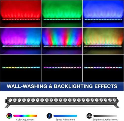 Vista 3 de Barra de luz de lavado de escenario para DJs: luces de lavado de pared RGBW de 120W con LED de fondo RGB - Control remoto IR APP y control DMX