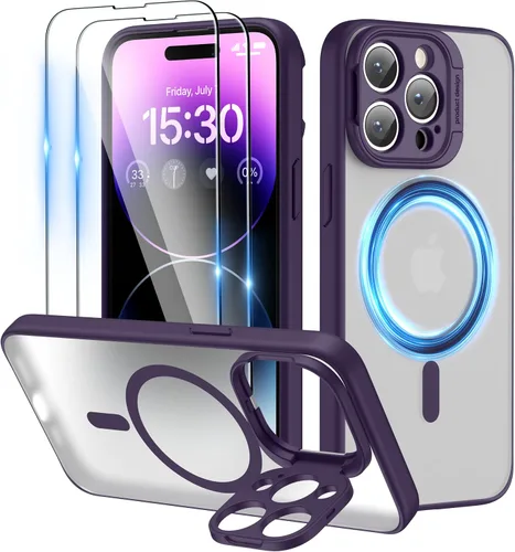 Vista 10 de Funda magnética para iPhone 15 Pro Max con soporte, soporte de cámara con protector de pantalla compatible con Magsafe a prueba de golpes