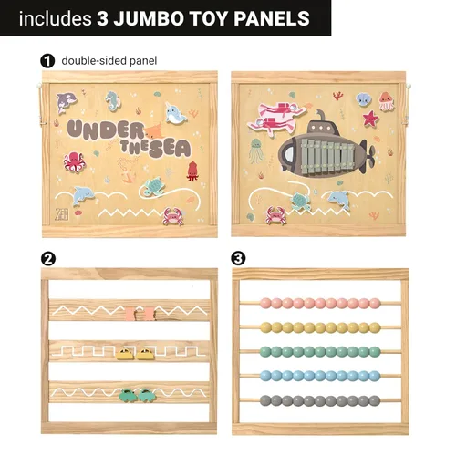 Vista 3 de Corralito de madera extragrande para niños pequeños y bebés - Diseño de juguete con tema Bajo el Mar - (8/10) Paneles de madera - Corralito plegable