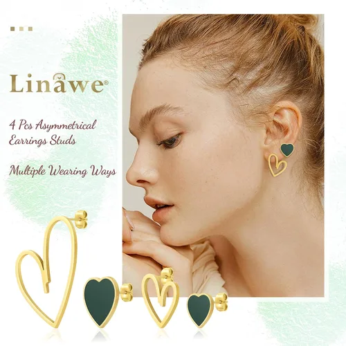 Vista 2 de Linawe 4 Pcs Heart Stud Mismatched Earrings Set for Women Girls, Hypoallergenic Stainless Steel GoldRose GoldSilver Cartilage Tragus Piercing