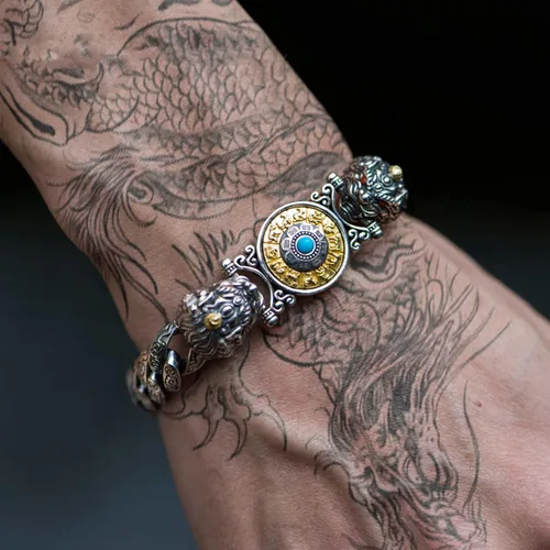 Vista 6 de Atraer la riqueza dinero y buena suerte, rueda de oración tibetana + mantra OM + pulsera Vajra Pestle, pulsera giratoria de plata de ley S925 Feng