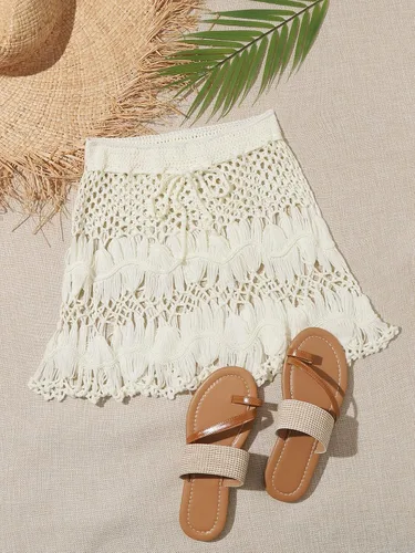Vista 5 de MakeMeChic Traje de baño de punto con cordón de ganchillo para mujer, mini falda de playa