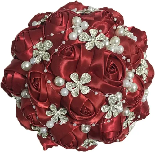Vista 8 de S_SSOY Ramos artificiales hechos a mano con diamantes de imitación de perlas de seda para dama de honor, para novia, ramo de boda con flor