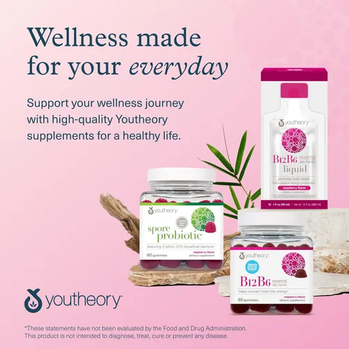 Vista 7 de Youtheory Vitamina B12 B6, suplemento diario de energía y apoyo cerebral, sabor líquido a frambuesa, 12 paquetes de 1 oz de una sola porción