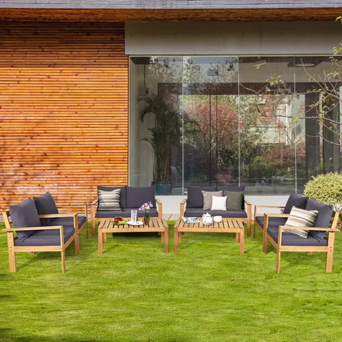 Vista 13 de COSTWAY Juego de 4 sofás de madera de acacia para exteriores, juego de sofá de conversación al aire libre con mesa y cojines, sillas de porche