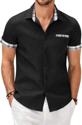 Vista 14 de COOFANDY Camisas casuales de manga corta de algodón con botones para hombre Verde militar