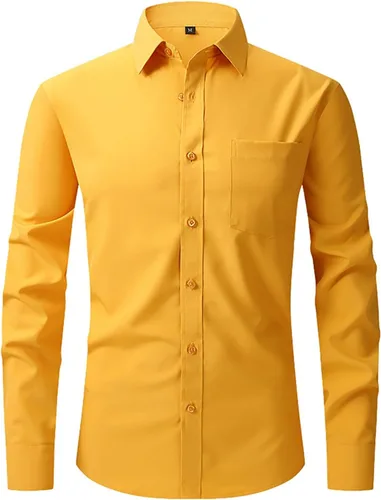 Vista 5 de Camisas de vestir de ajuste regular para hombre, de manga larga, elásticas, sin arrugas, con botones, blusa formal ligera y sólida
