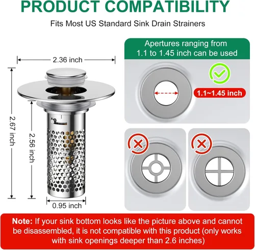 Vista 7 de Colador de drenaje para lavabo de baño, tapón emergente para lavabo atrapa cabellos, cesta de filtro de drenaje de acero inoxidable Ysilver-2