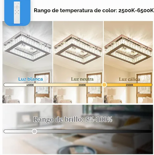 Vista 5 de Lámpara rectangular de cristal, luz de techo LED regulable Control remoto y aplicación, 3000K-6500K blanco sintonizable, cristal K9 y acero