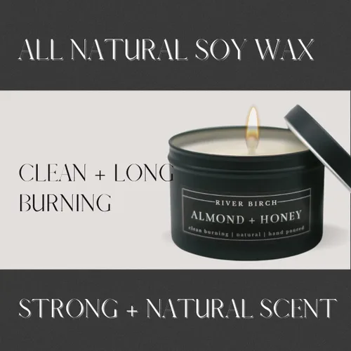 Vista 2 de River Birch Candles - Vela perfumada de almendra + miel, velas de soja de alta calidad, totalmente naturales, no tóxicas, vela de viaje de lata