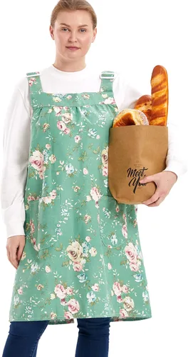 Vista 10 de Delantales sin lazos para mujer, talla grande, con bolsillos, de algodón, lino, para hornear, cocina, cocina
