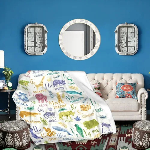 Vista 6 de Manta de franela con diseño del alfabeto de animales, súper suave, ligera, para niños, adultos, adecuada para sofá, cama, campamento, viajes, todas