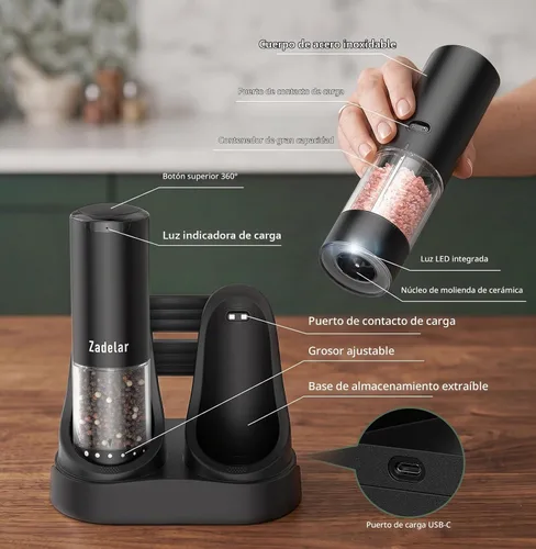 Vista 6 de Juego de molinillo de sal y pimienta eléctrico recargable, molinillo de pimienta automático con base de carga USB C, capacidad grande mejorada