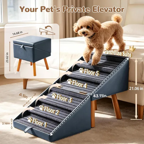 Vista 4 de Rampa para perros de 21.06 pulgadas de alto para cama alta, escaleras de Azul Pizarra