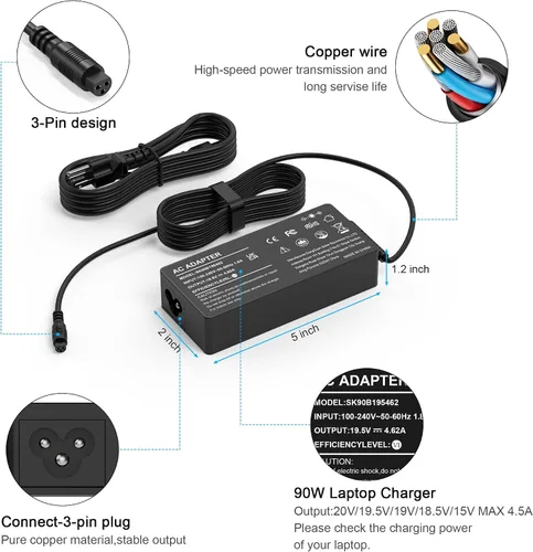 Vista 2 de Adaptador de CA universal de 90 W, cargador para laptop compatible con Lenovo HP Dell ASUS Acer Samsung Gateway Notebook Ultrabook Chromebook Negro