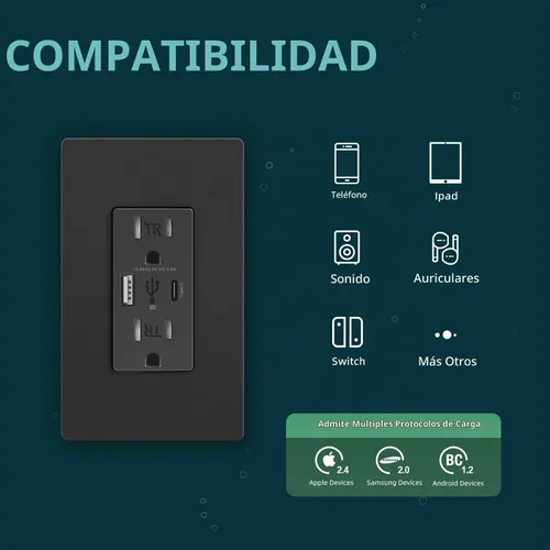 Vista 3 de TOPELER Toma de pared USB, receptáculo de cargador USB de 4.8 A con puertos tipo A y tipo C, enchufe dúplex de 15 amperios resistente a