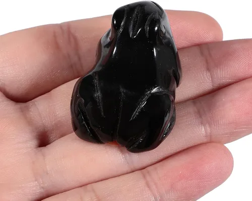 Vista 2 de Figura de cristal de rana con piedras preciosas de obsidiana negra, pequeña tallada a mano, estatua de cristal curativo, escultura de animales
