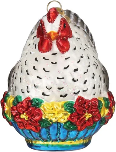 Vista 3 de Old World Christmas Adorno de cristal soplado de gallina francesa para árbol de Navidad, decoración navideña artesanal, colección de doce días