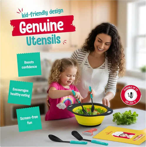 Vista 4 de Baketivity Juego de cocina para niños, utensilios reales con guía de herramientas de cocina, juego completo de cocina junior regalo para niñas