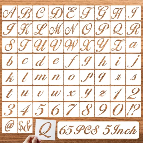 Vista 11 de Plantillas de símbolos de 1 pulgada para pintar sobre madera, 65 plantillas de dibujo del alfabeto con letras mayúsculas caligráficas y cursivas