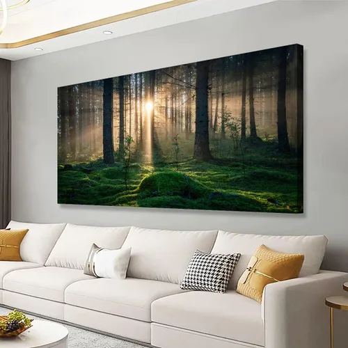 Vista 18 de Cuadros de bosque azul para pared, arte de pared para sala de estar, dormitorio, bosque impreso para decoración del hogar, arte abstracto de niebla