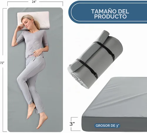 Vista 3 de Almohadilla de espuma viscoelástica para catre de camping, almohadilla para dormir de 3 pulgadas con funda impermeable Almohadilla enrollable