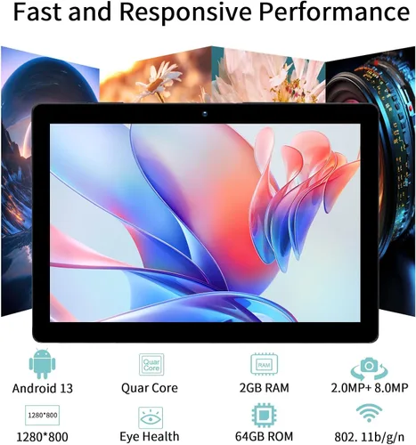Vista 2 de PRITOM Tablet Android 13 de 10 pulgadas, tableta con funda, 64 GB, expansión de 512 GB, Quad-Core, pantalla IPS HD de 1280 * 800, cámara dual