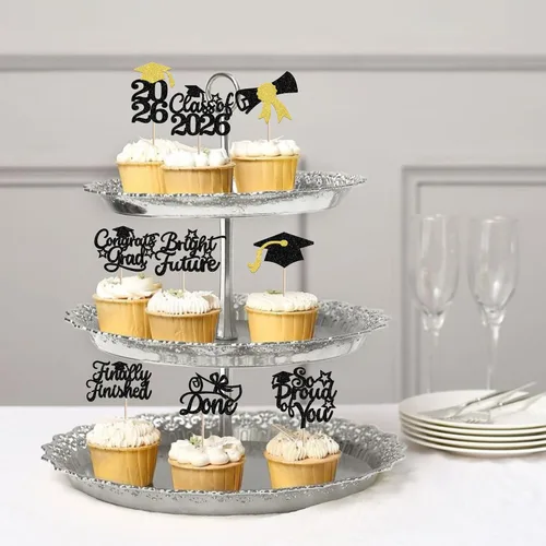 Vista 6 de 30 piezas de decoración para cupcakes de graduación para la clase de 2026 con purpurina brillante para el futuro diploma hecho 2026 Felicidades