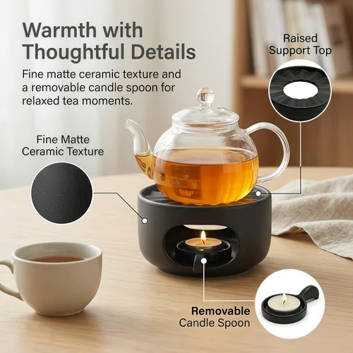 Vista 4 de Calentador de tetera de cerámica mate con cuchara de vela extraíble, base de calentador de té de bajo perfil para teteras de vidrio o cerámica Negro