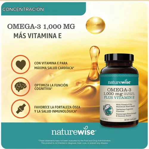 Vista 4 de NatureWise Omega 3 de alta potencia de 1000 mg con 600 mg de EPA, 400 mg de DHA, vitamina E y vitamina D3 5000iu (125 mcg) Función muscular