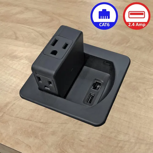 Vista 3 de 3 tomas de corriente alterna con 1 puerto de datos CAT6 Ethernet RJ45 + 1 puerto de carga USB - Cargador rápido de 2.4 amperios - Centro