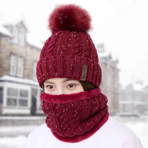 Vista 6 de LCZTN - Gorro de lana con pompón para mujer conjunto de gorro y bufanda para niñas bonito gorro de invierno para esquí, de punto holgado con forro