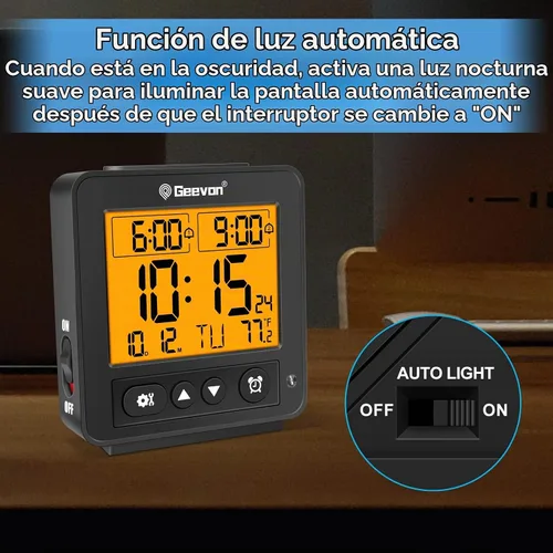 Vista 2 de Geevon Pequeño reloj despertador atómico de viaje con retroiluminación Auto/8s, 2 configuraciones de alarma, temperatura, sonidos de pitido Negro