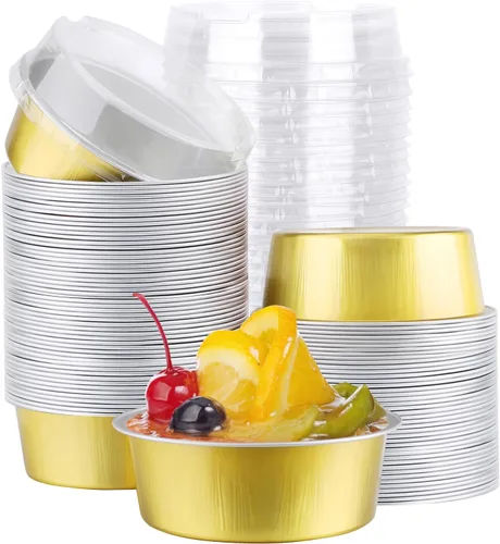 Vista 8 de EUSOAR Ramequines desechables con tapas, 50 unidades de papel de aluminio para hornear, moldes de 5.1 fl oz para cupcakes para tartas, quiche Lluvia