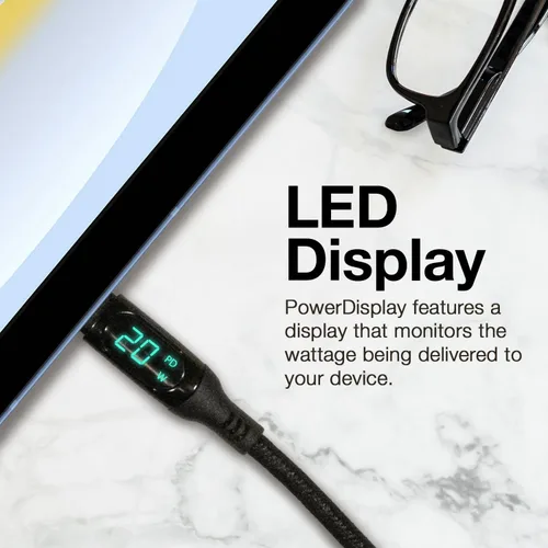 Vista 3 de BoxWave Cable Compatible with Lava Z4 - PowerDisplay PD Cable (6ft) - USB-C to USB-C (100W), LED Wattage Info Extra Long Braided Nylon - Jet Black