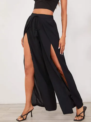 Vista 3 de WDIRARA Pantalones largos con cintura elástica dividida y pierna ancha con lazo frontal para mujer