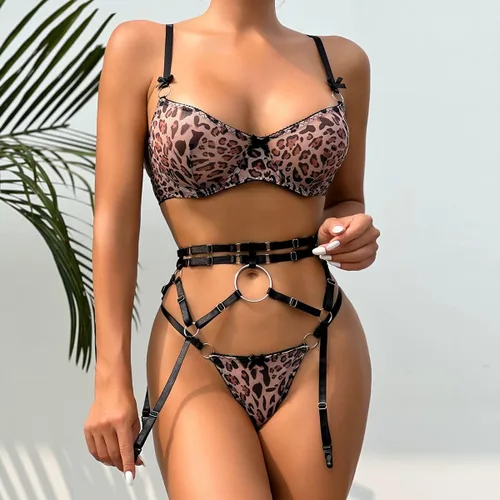 Vista 2 de Conjunto de lencería de liguero de leopardo para mujer, conjunto de brasier y braga sexy con liguero, 3 piezas