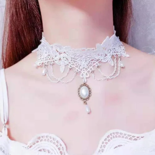 Vista 2 de Acxico Princesa Nupcial Romántico Clásico Blanco Borlas Encaje Perla Colgante Collar
