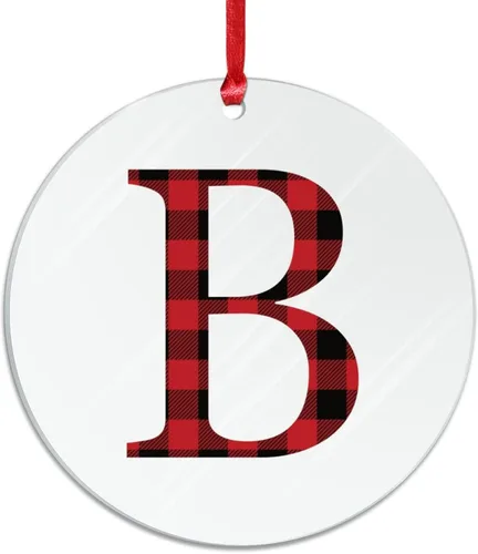 Vista 2 de Adornos de Navidad personalizados, monograma personalizado, letra inicial B, divertida decoración colgante de Navidad, a cuadros rojos y negros