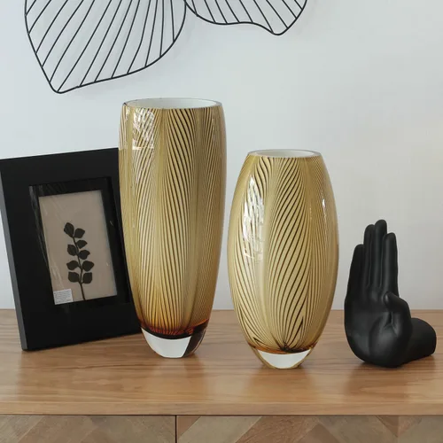 Vista 4 de Ca D Oro - Florero de cristal estilo Murano, patrón de plumas de ámbar, vidrio soplado a mano para flor, decoración de habitación y centro de mesa