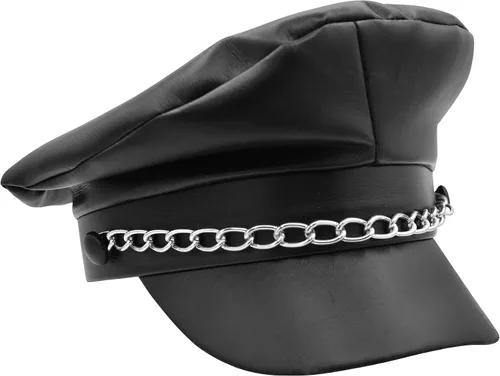 Vista 2 de Nicky Bigs Novelties Disfraz de motociclista de cuero falso negro para adulto, disfraz de orgullo punk, sombrero y cadena, Negro